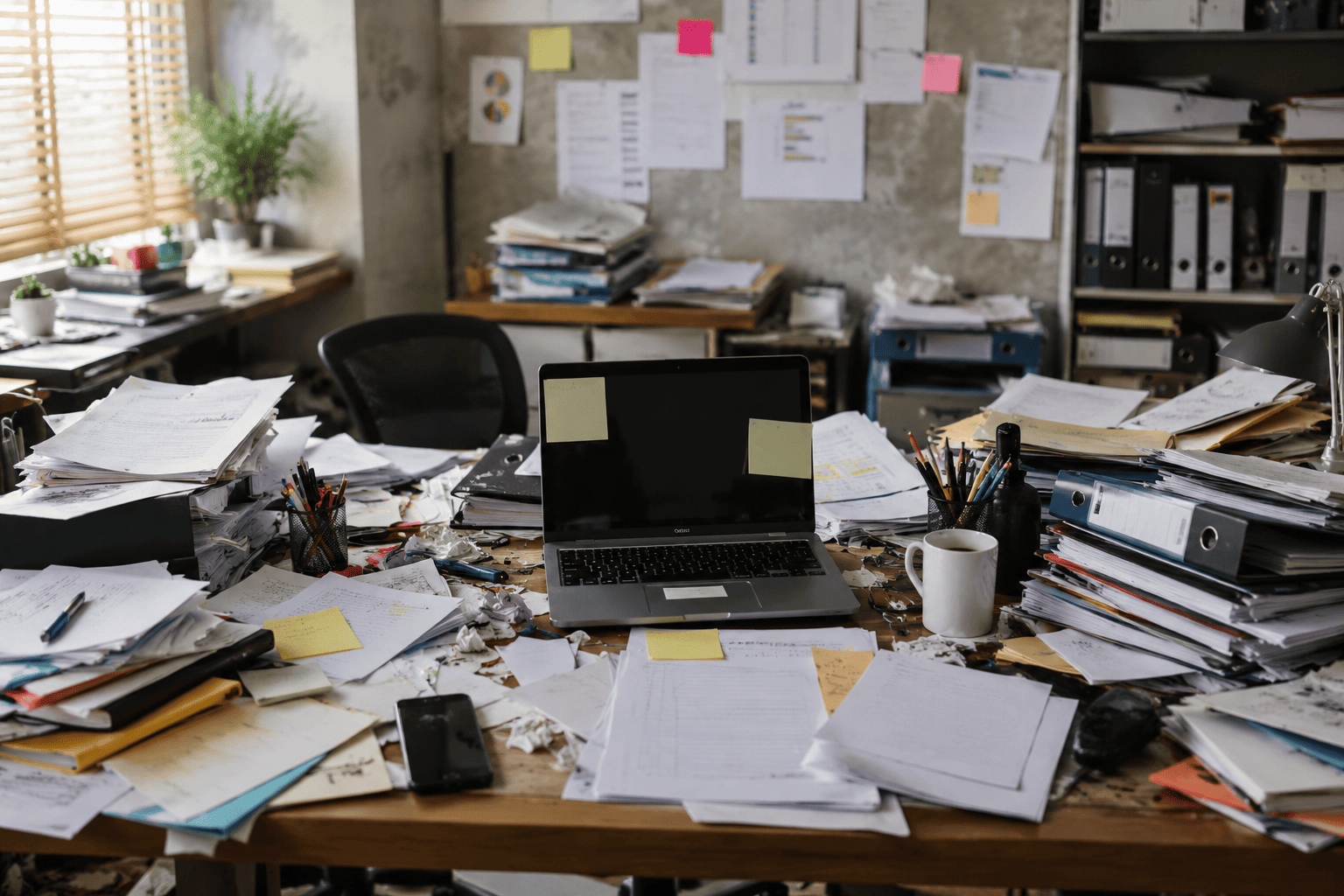 A messy, cluttered desk — a disorganised business